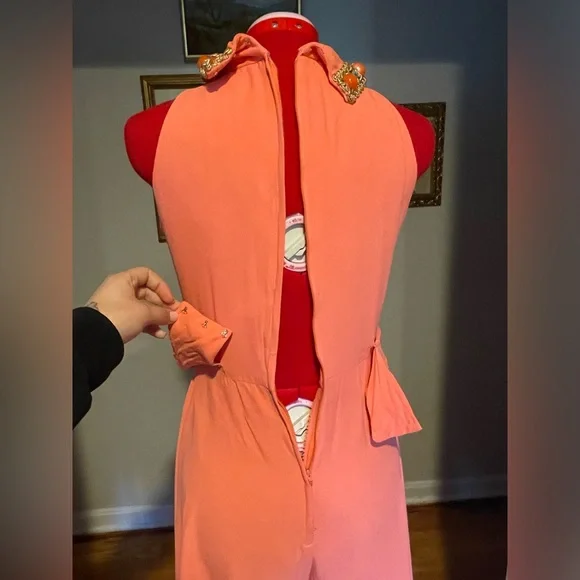 VTG 60s / 70s Coral Halter Wide / Balloon Leg Jumpsuit W Embellished Collar - Picture 10 of 13